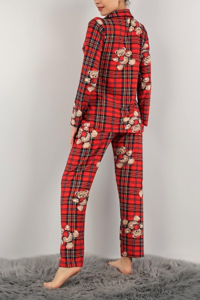 Kırmızı Desenli Süet Bayan Pijama Takımı 140838