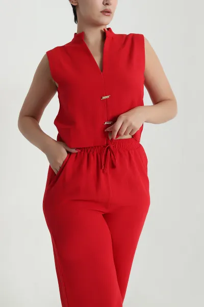 Kırmızı Pantolon Bluz Keten Kadın İkili Takım 479510