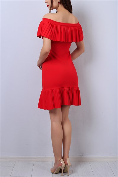 Kırmızı Pile Detaylı Bayan Elbise 14025B