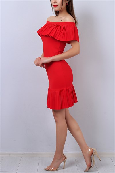Kırmızı Pile Detaylı Bayan Elbise 14025B