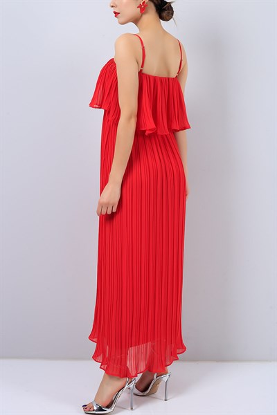 Kırmızı Pileli Bayan Askılı Şifon Elbise 15115B