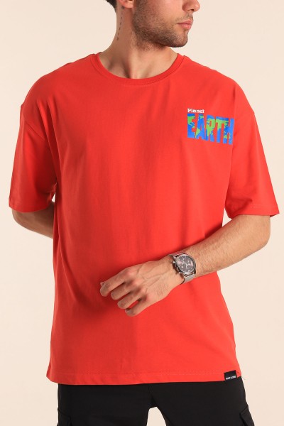 Kırmızı Planet Sırt Baskılı Oversize Erkek Tişört 186069