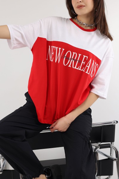Kırmızı Plastik Baskılı Oversize Tişört 170364