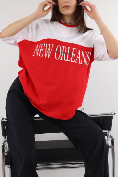 Kırmızı Plastik Baskılı Oversize Tişört 170364