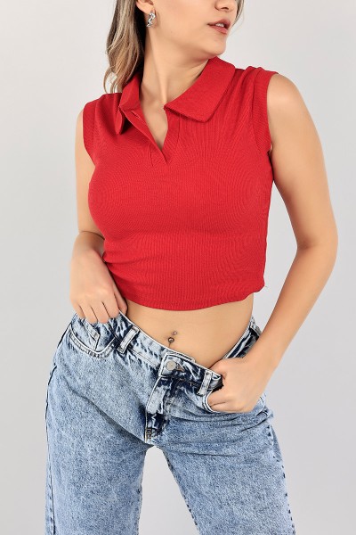 Kırmızı Polo Yaka Fitilli Kolsuz Bluz 107369