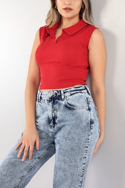 Kırmızı Polo Yaka Fitilli Kolsuz Bluz 107369