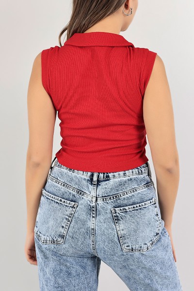 Kırmızı Polo Yaka Fitilli Kolsuz Bluz 107369