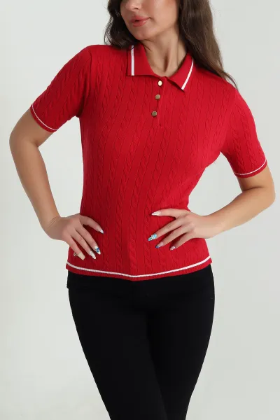 Kırmızı Polo Yaka Kadın Triko Bluz 484252