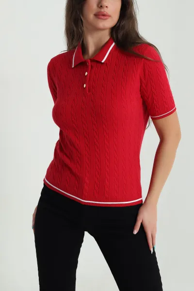 Kırmızı Polo Yaka Kadın Triko Bluz 484252