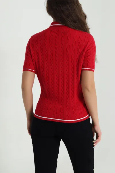 Kırmızı Polo Yaka Kadın Triko Bluz 484252