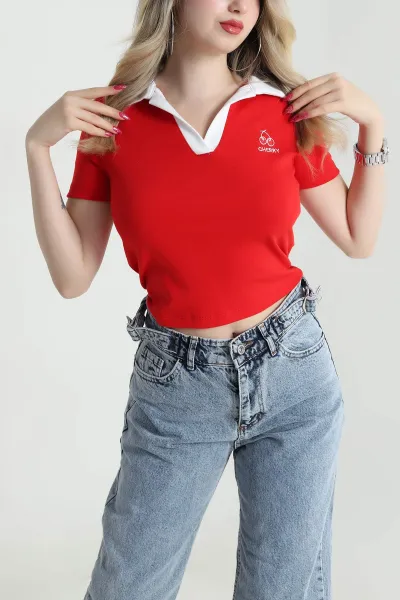 Kırmızı Polo Yaka Kompak Kadın Tişört 475338