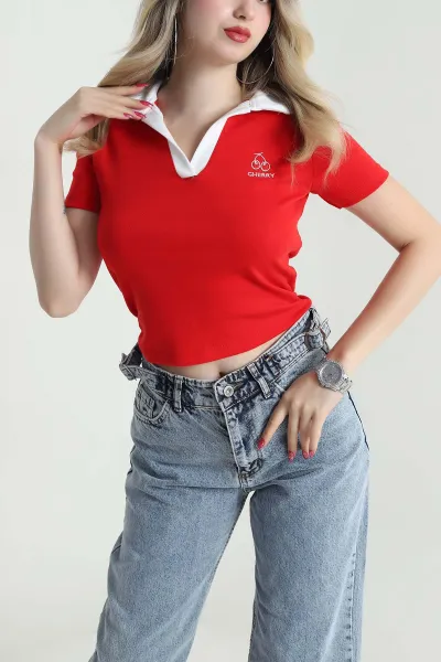 Kırmızı Polo Yaka Kompak Kadın Tişört 475338
