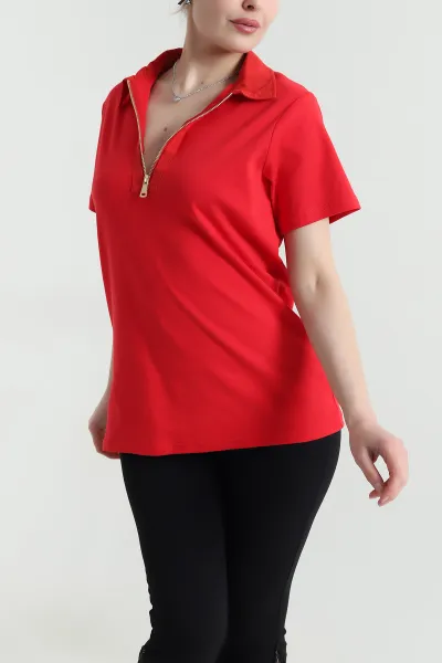 Kırmızı Polo Yaka Kristal Kadın Bluz 449061