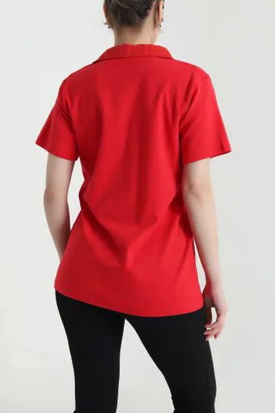 Kırmızı Polo Yaka Kristal Kadın Bluz 449061