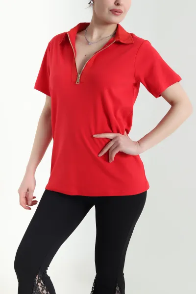 Kırmızı Polo Yaka Kristal Kadın Bluz 449061