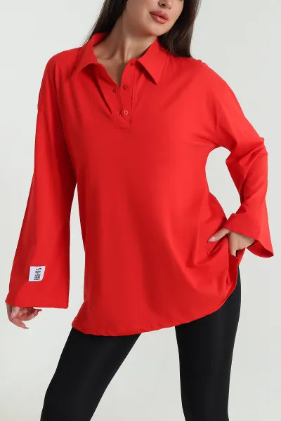 Kırmızı Polo Yaka Salaş Uzun Kol Kadın Tunik 477258