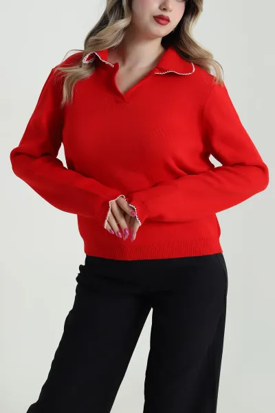 Kırmızı Polo Yaka Triko Kadın Kazak 483701