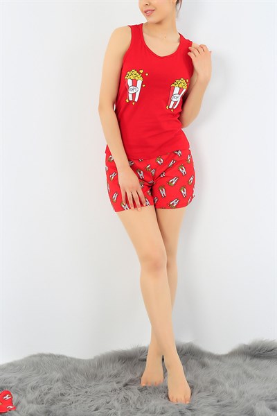 Kırmızı Pop Corn Baskılı Pijama Takımı 32719