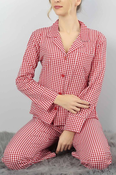 Kırmızı Pötikareli Cepli Bayan Pijama Takımı 54833