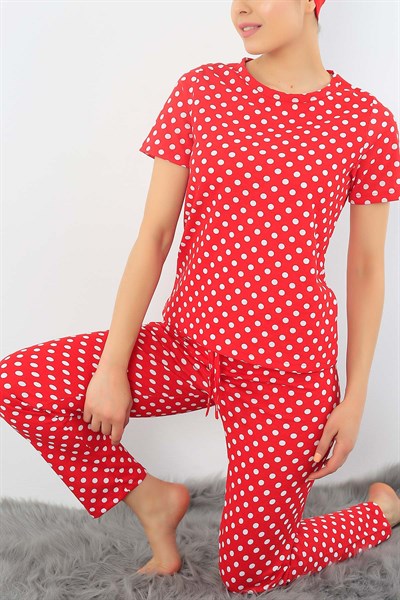 Kırmızı Puantiyeli Bayan Pijama Takımı 32944