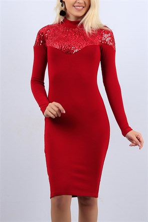 Kırmızı Pul Detaylı Bayan Triko Elbise 11083B