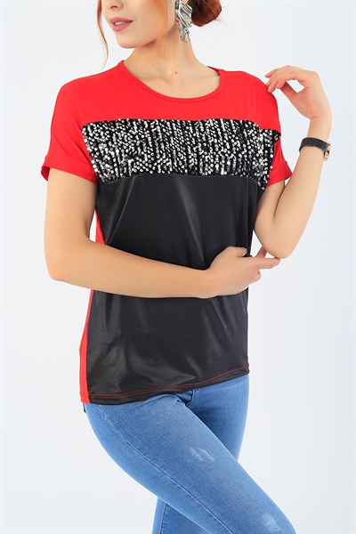 Kırmızı Pul Payet İşlemeli Tişört 34442