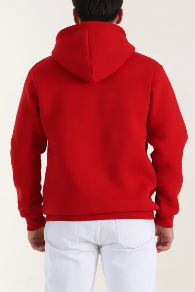 Kırmızı Regular Fit Üç İp Şardonlu Erkek Kapüşonlu Basic Sweatshirt 400530