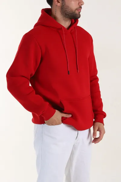 Kırmızı Regular Fit Üç İp Şardonlu Erkek Kapüşonlu Basic Sweatshirt 400530