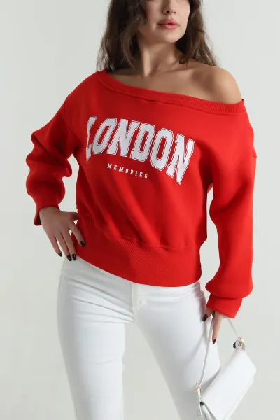 Kırmızı Ribanalı Şardonlu Üç İp Kadın Sweat 497591