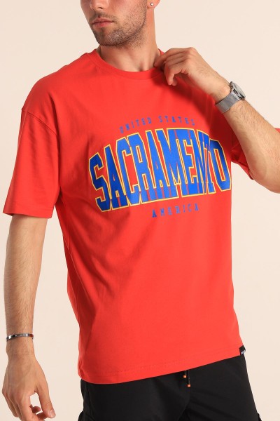 Kırmızı Sacramento Baskılı Oversize Erkek Tişört 186060