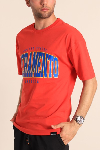 Kırmızı Sacramento Baskılı Oversize Erkek Tişört 186060