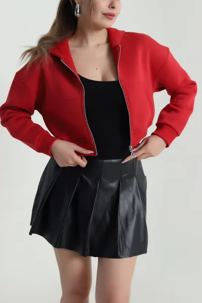 Kırmızı Şardonlu Fermuarlı Üç İp Kadın Sweat 485054