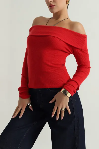 Kırmızı Şardonlu Fitilli Madonna Yaka Triko Bluz 391155