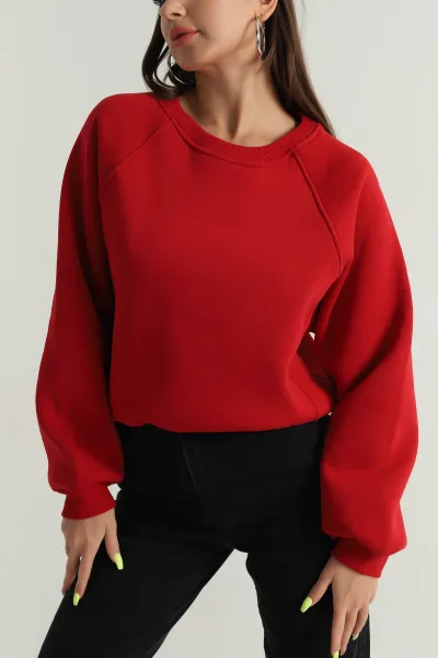 Kırmızı Şardonlu Kadın Fermuarsız Sweat 392390