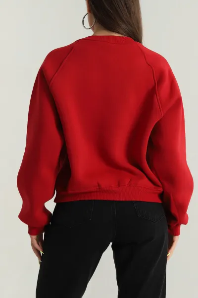 Kırmızı Şardonlu Kadın Fermuarsız Sweat 392390