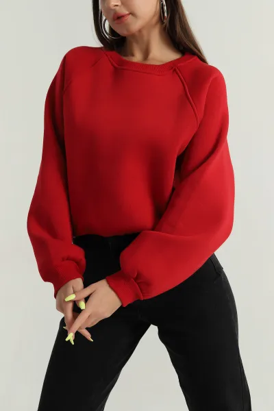 Kırmızı Şardonlu Kadın Fermuarsız Sweat 392390