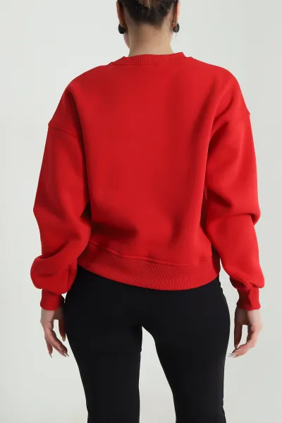 Kırmızı Şardonlu Kadın Fermuarsız Sweat 492511