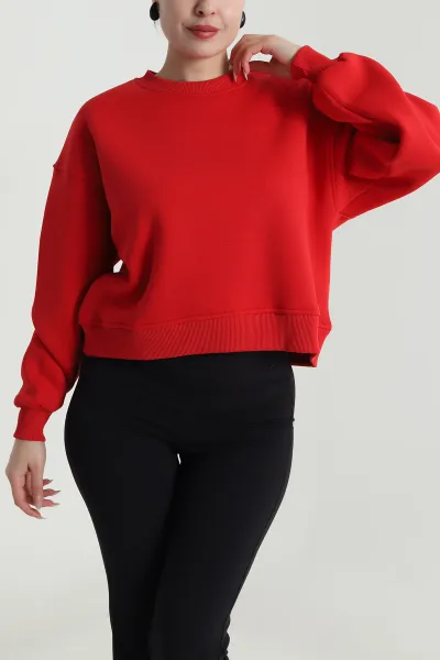 Kırmızı Şardonlu Kadın Fermuarsız Sweat 492511