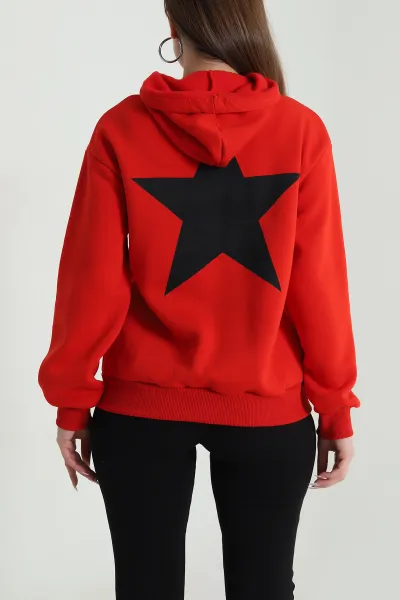 Kırmızı Şardonlu Kapüşonlu Kadın Sweat 489384