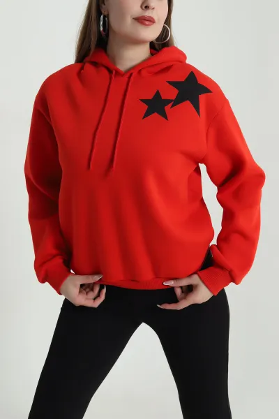 Kırmızı Şardonlu Kapüşonlu Kadın Sweat 489384