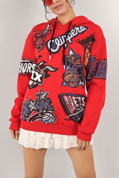 Kırmızı Şardonlu Kapüşonlu Sweat 128986