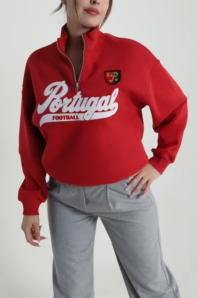 Kırmızı Şardonlu Nakışlı Üç İp Kadın Sweat 487102