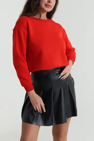 Kırmızı Şardonlu Üç İp Kadın Crop Sweat 484587