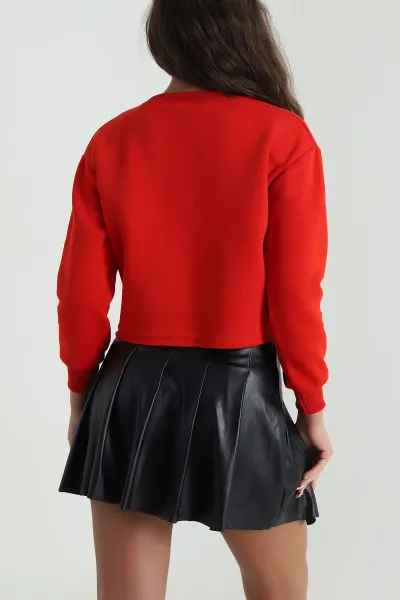 Kırmızı Şardonlu Üç İp Kadın Crop Sweat 484587
