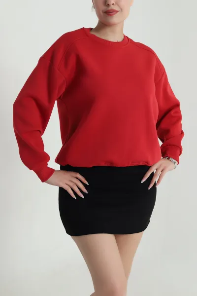 Kırmızı Şardonlu Üç İp Kadın Fermuarsız Sweat 487098