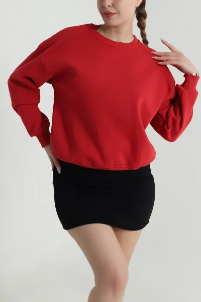 Kırmızı Şardonlu Üç İp Kadın Fermuarsız Sweat 487098