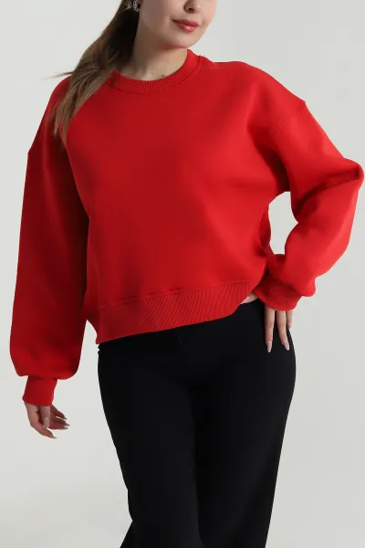 Kırmızı Şardonlu Üç İp Kadın Fermuarsız Sweat 488689