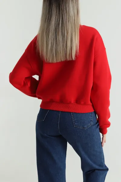 Kırmızı Şardonlu Üç İp Kadın Fermuarsız Sweat 489836