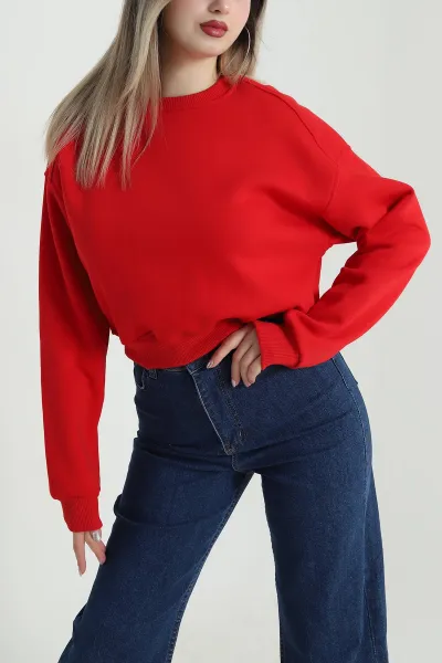 Kırmızı Şardonlu Üç İp Kadın Fermuarsız Sweat 489836
