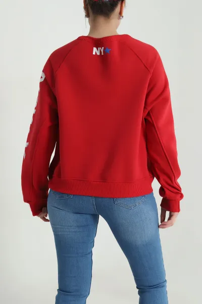 Kırmızı Şardonlu Üç İp Kadın Fermuarsız Sweat 493838